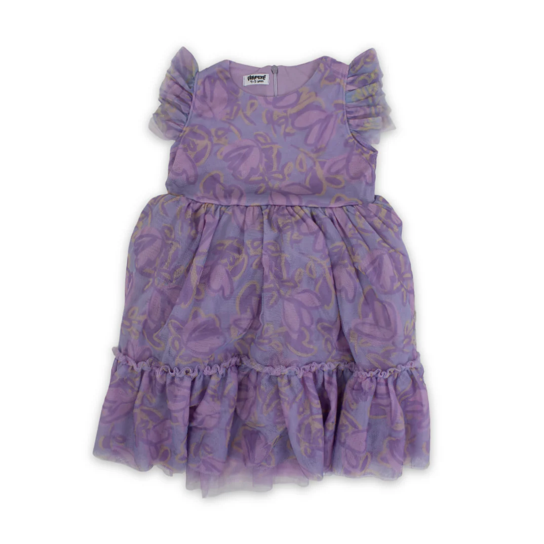 Girls Tulle Sleeveless Dress – Purple with Flowers Print