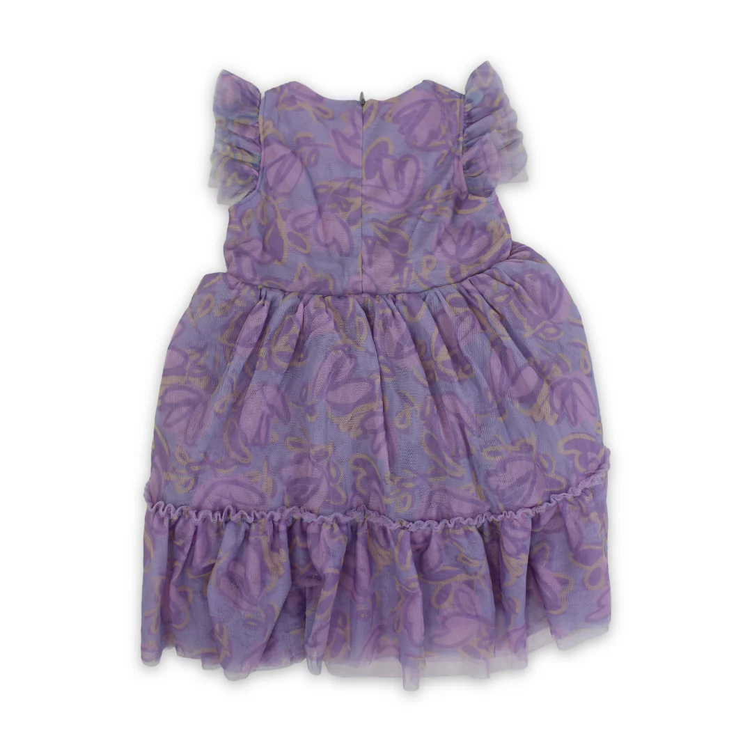 Girls Tulle Sleeveless Dress – Purple with Flowers Print - Image 2