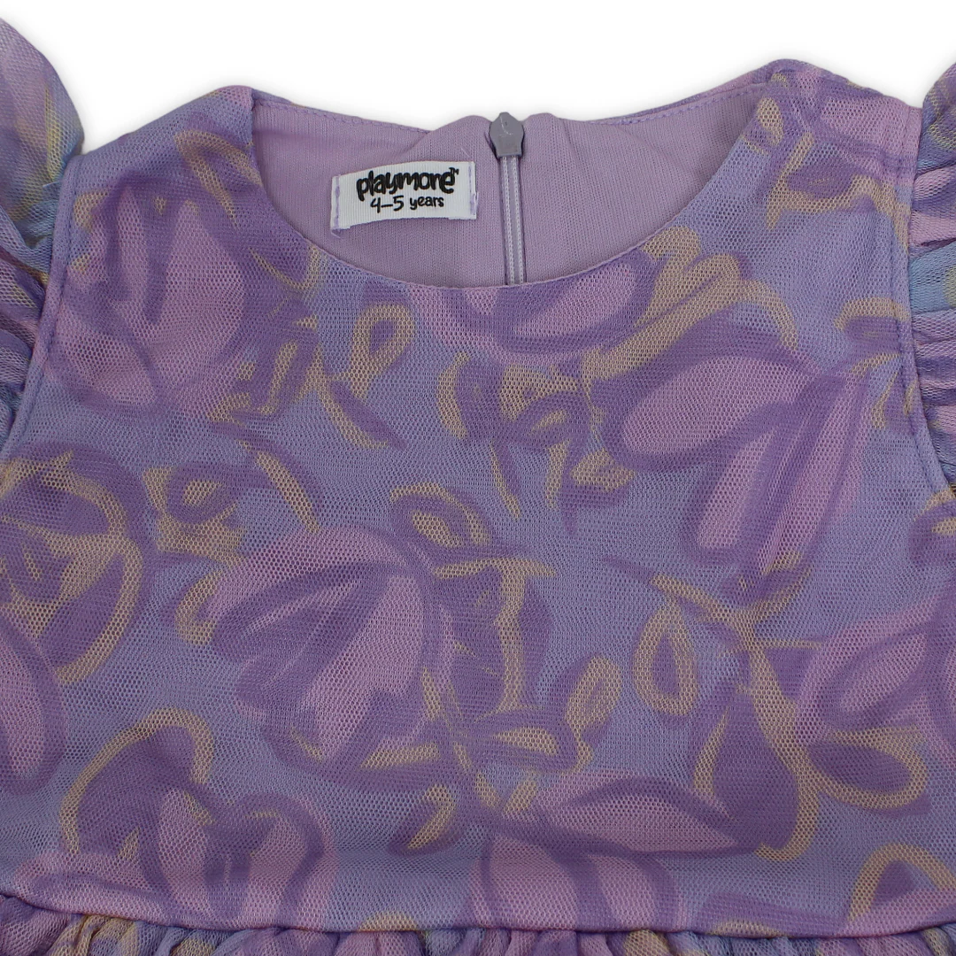 Girls Tulle Sleeveless Dress – Purple with Flowers Print - Image 3