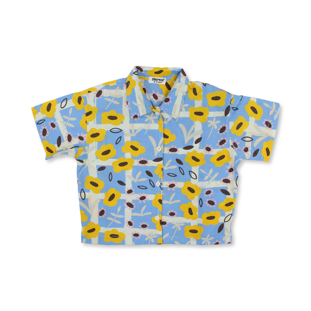 Girls Cotton Short-Sleeved Shirt – Baby Blue with Flowers Print - Image 4
