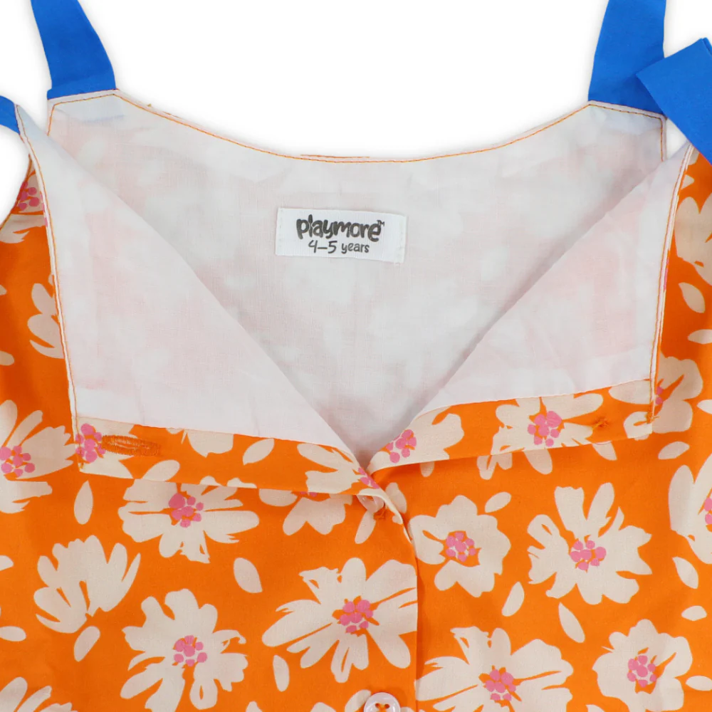 Girls Cotton Blouse – Orange with Flowers Print - Image 3