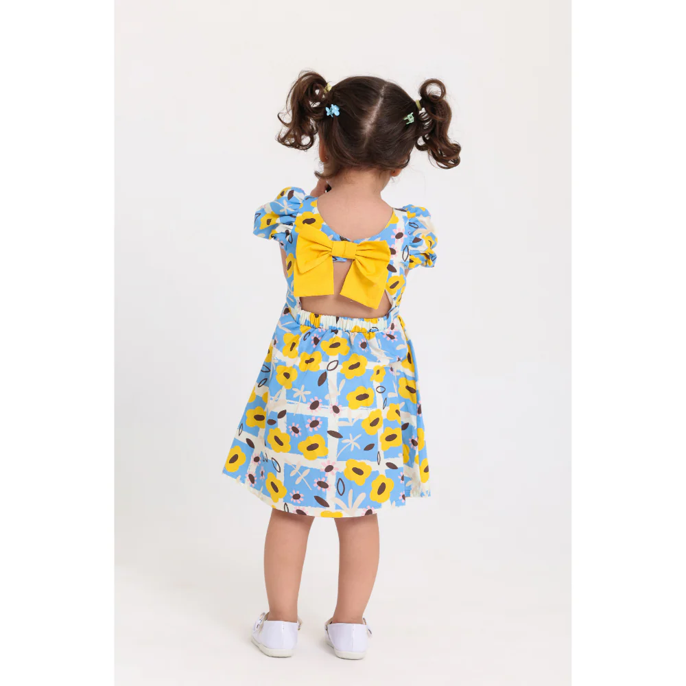 Baby Girls Cotton Sleeveless Dress – Baby Blue & Yellow with Flowers Print - Image 2