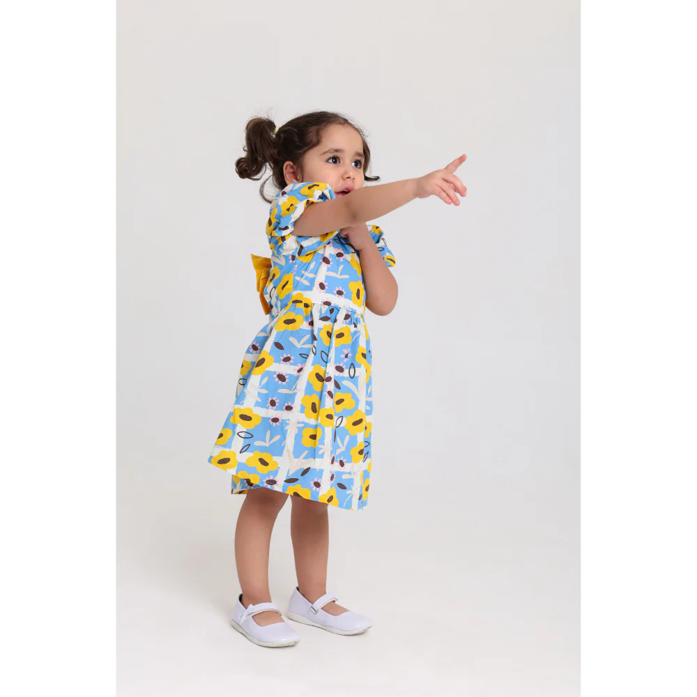 Baby Girls Cotton Sleeveless Dress – Baby Blue & Yellow with Flowers Print - Image 3