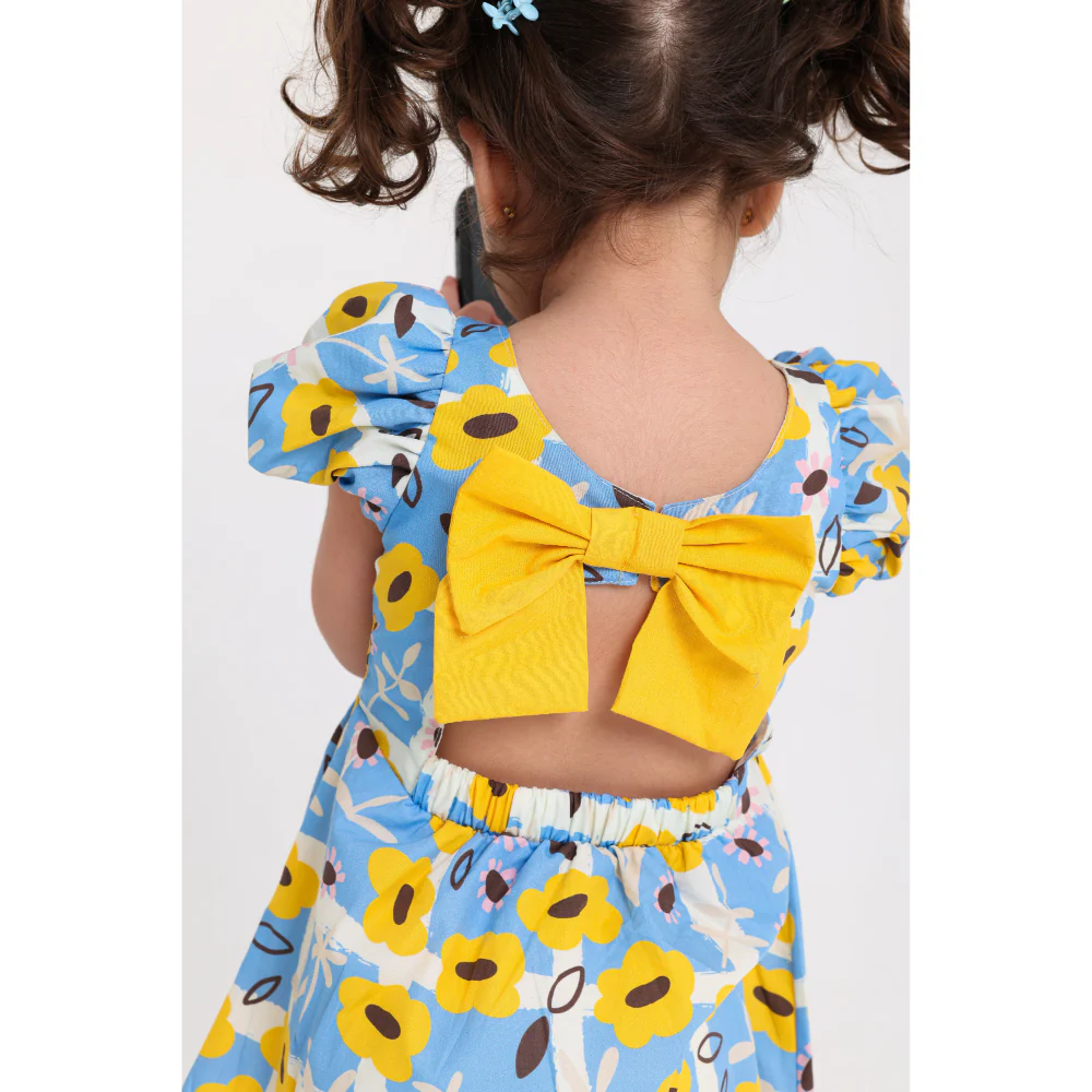 Baby Girls Cotton Sleeveless Dress – Baby Blue & Yellow with Flowers Print - Image 4
