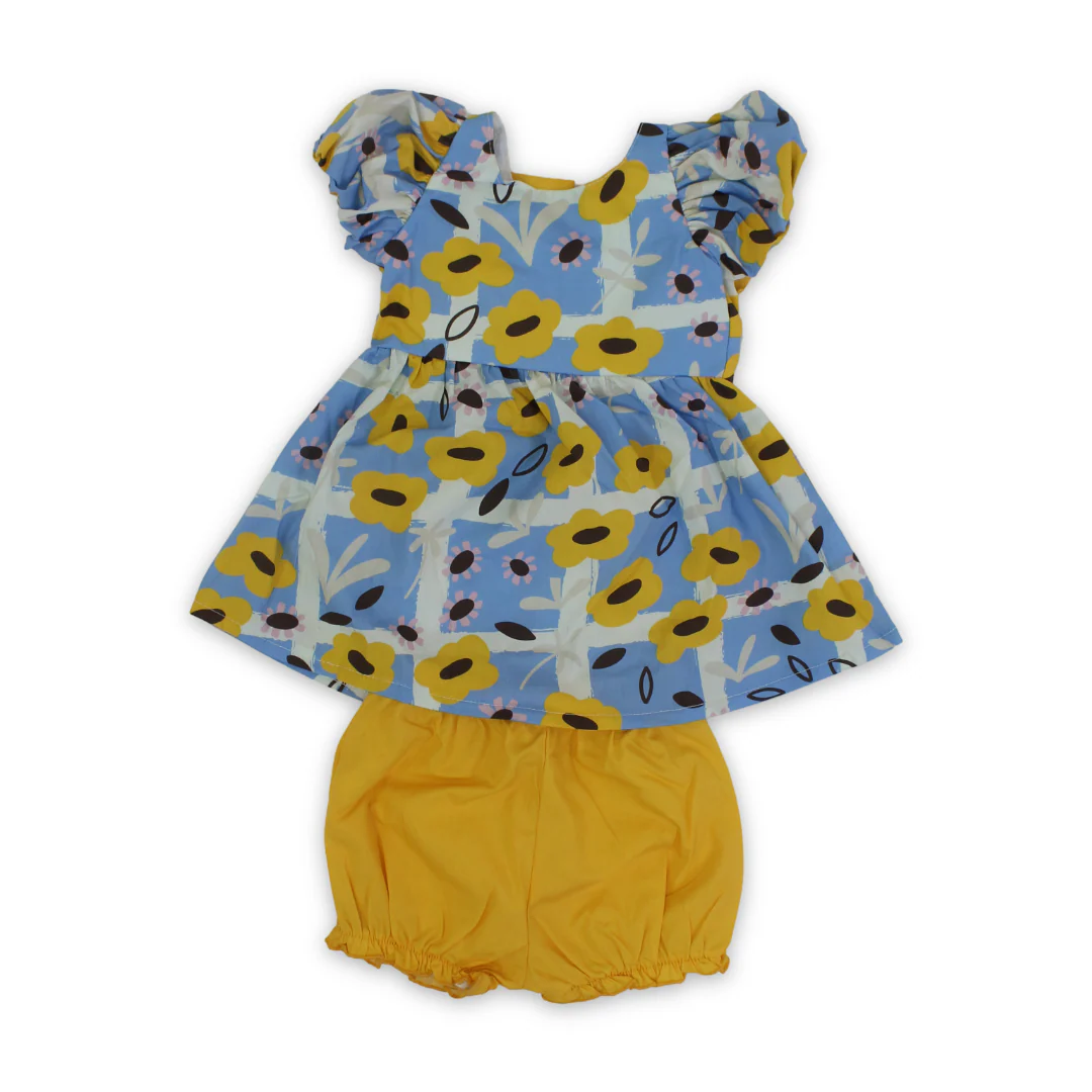 Baby Girls Cotton Sleeveless Dress – Baby Blue & Yellow with Flowers Print - Image 5
