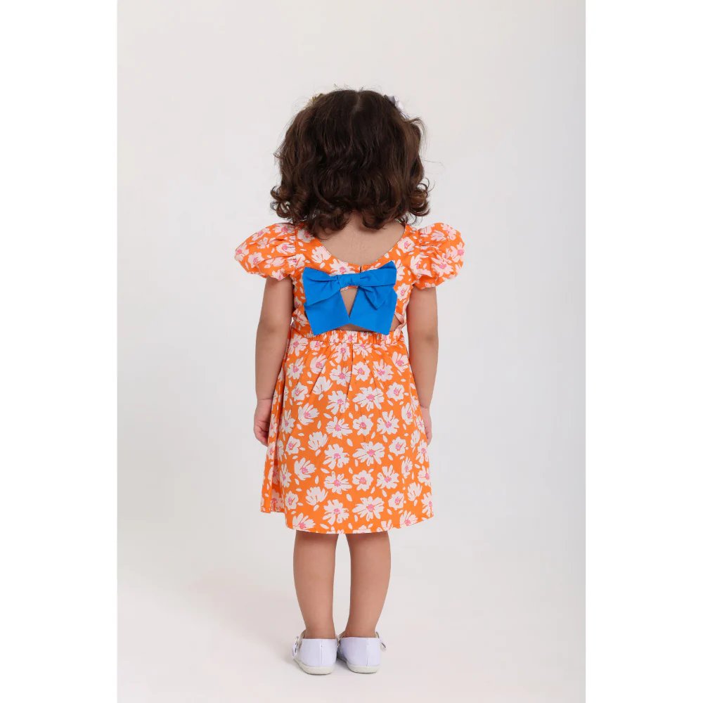 Baby Girls Cotton Dress – Orange with Flowers Print - Image 2