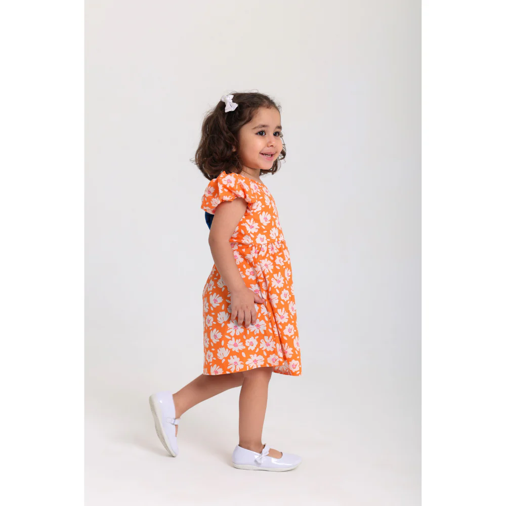 Baby Girls Cotton Dress – Orange with Flowers Print - Image 3