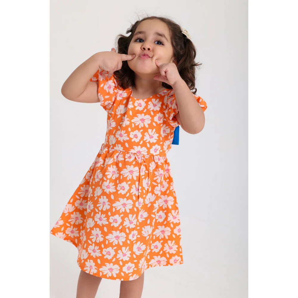 Baby Girls Cotton Dress – Orange with Flowers Print - Image 4