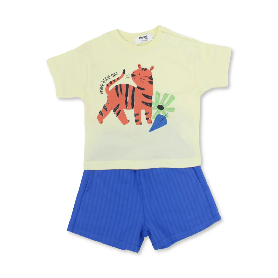 Baby Boys Cotton Outfit Set – Yellow & Blue with Tiger Print - Image 5