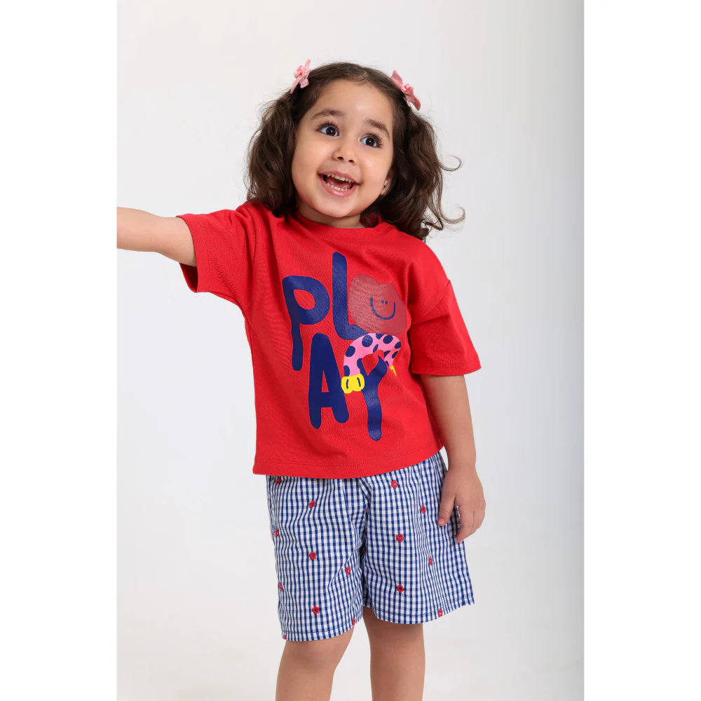 Baby Girls Cotton Outfit Set – Red & Navy with "Play" Print - Image 2