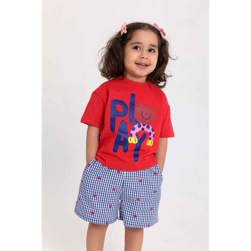 Baby Girls Cotton Outfit Set – Red & Navy with "Play" Print - Image 3