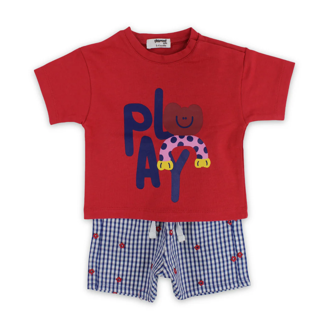 Baby Girls Cotton Outfit Set – Red & Navy with "Play" Print - Image 4