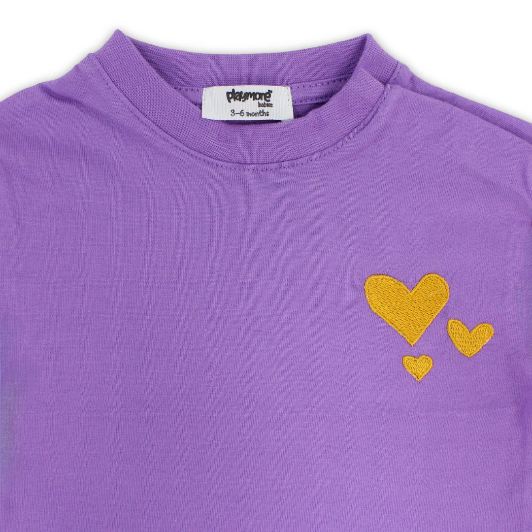 Baby Girls Cotton T-Shirt – Purple with Hearts Embroidery - Image 3