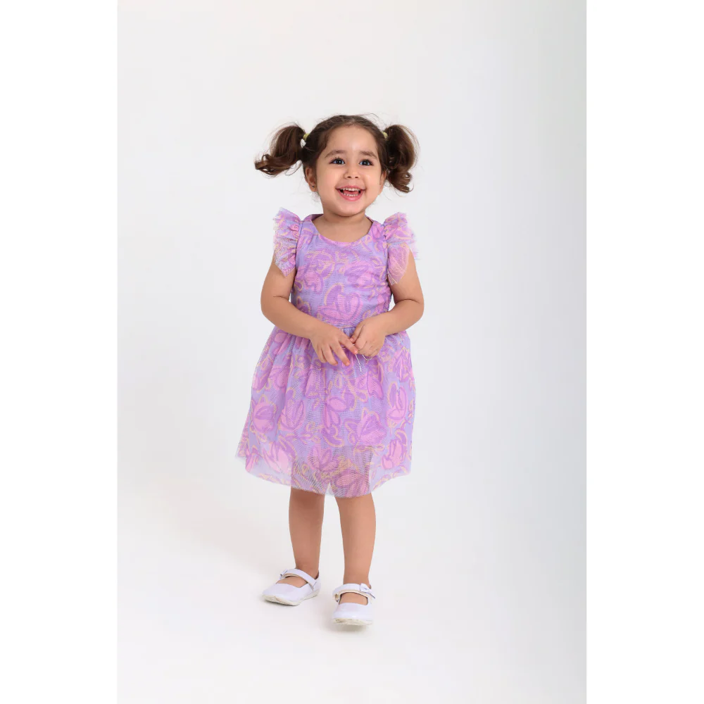Baby Girls Tulle Sleeveless Dress – Purple with Flowers Print - Image 2