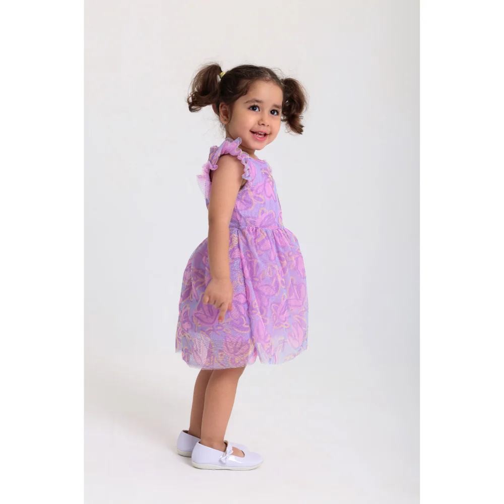 Baby Girls Tulle Sleeveless Dress – Purple with Flowers Print - Image 3