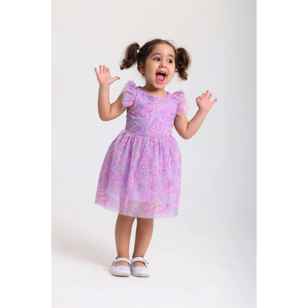 Baby Girls Tulle Sleeveless Dress – Purple with Flowers Print - Image 4