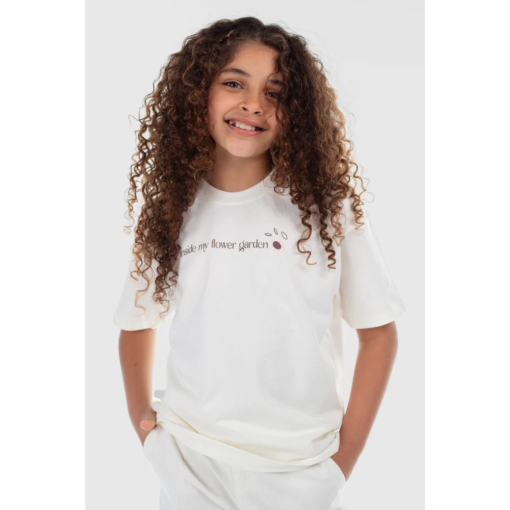 Girls Cotton T-Shirt – Off-White "Inside My Flower Garden" Print
