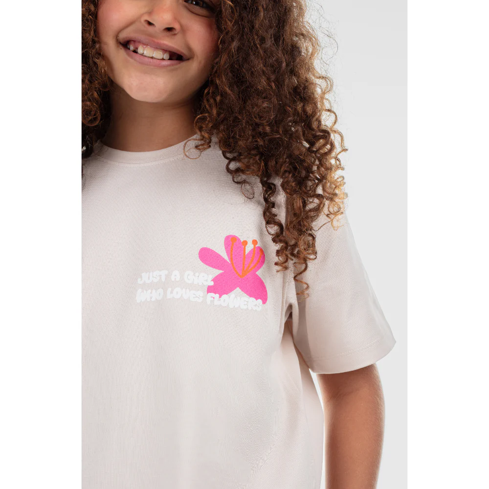 Girls Cotton T-Shirt – Beige "Just a Girl Who Loved Flowers" Print - Image 2