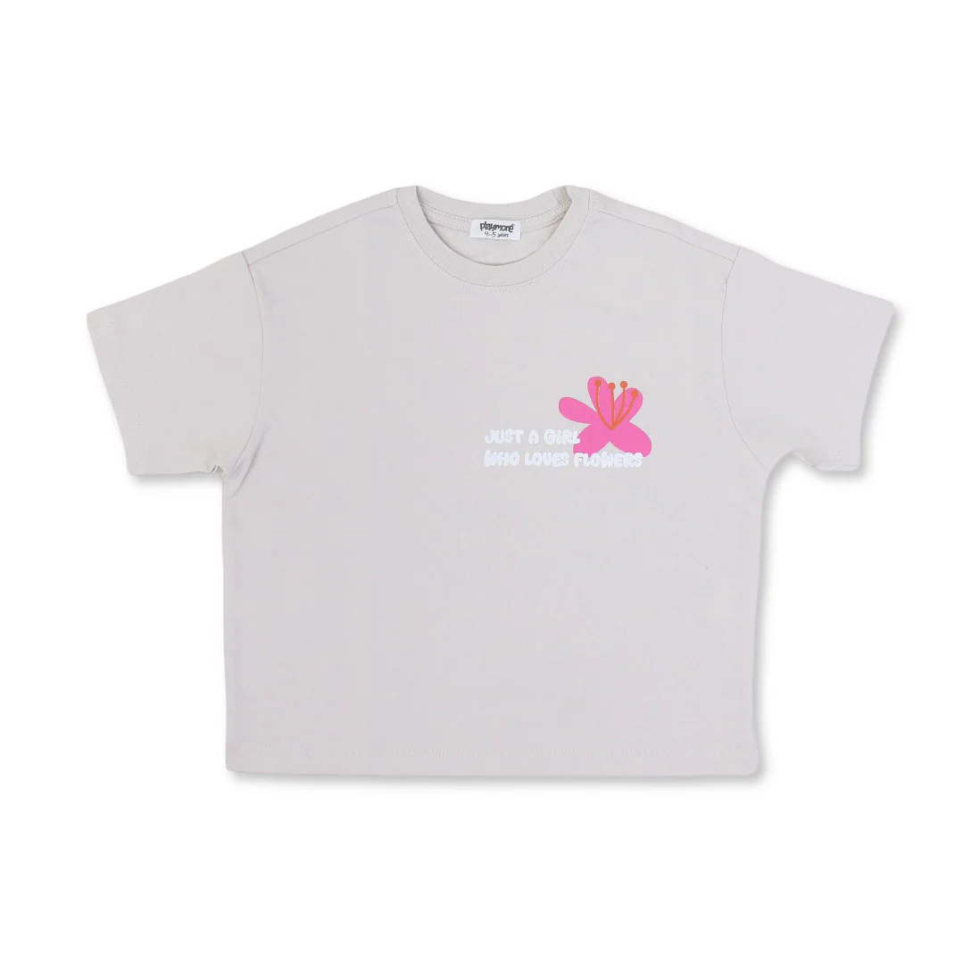 Girls Cotton T-Shirt – Beige "Just a Girl Who Loved Flowers" Print - Image 4