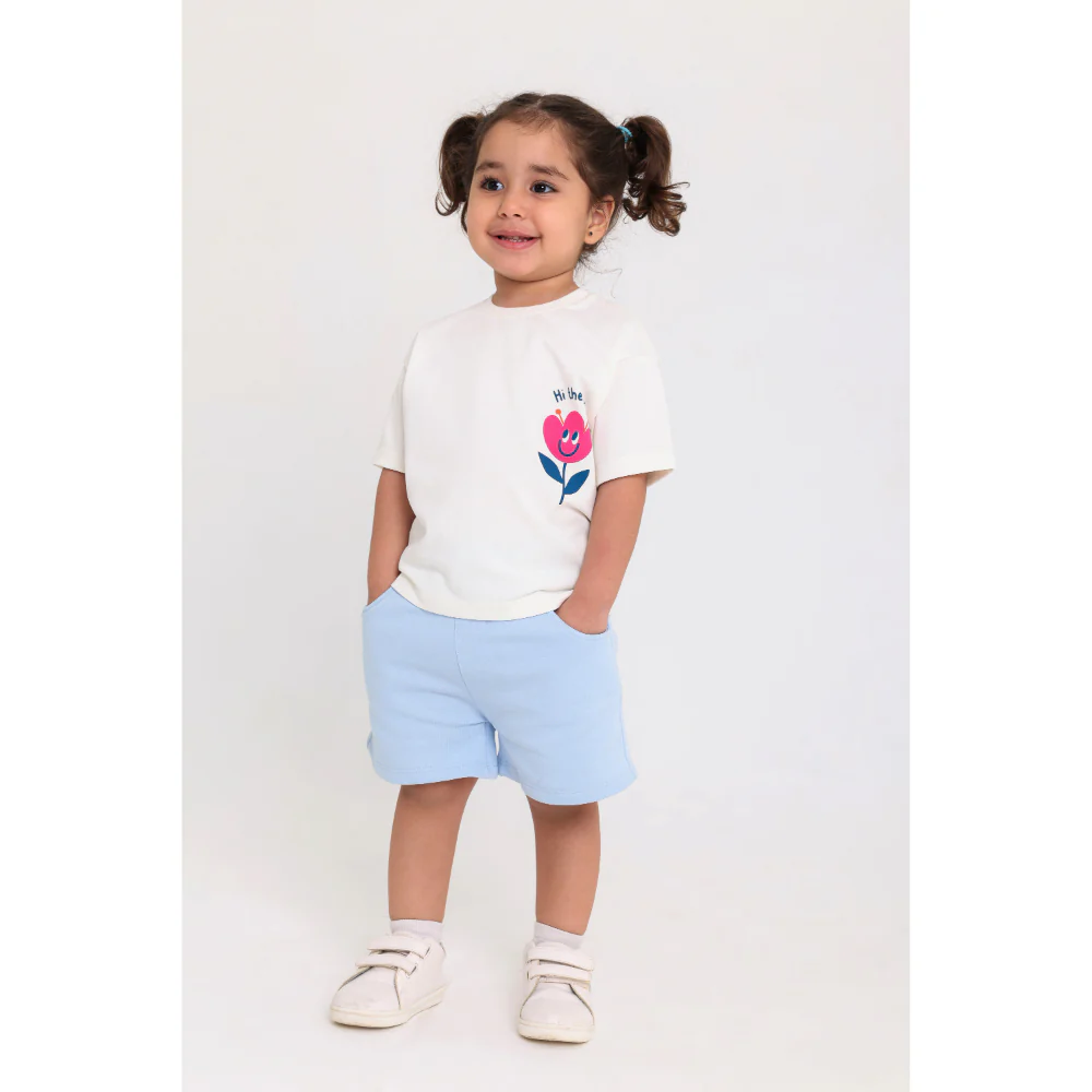 Baby Girls Cotton T-Shirt – Off-White with Flower Print - Image 2