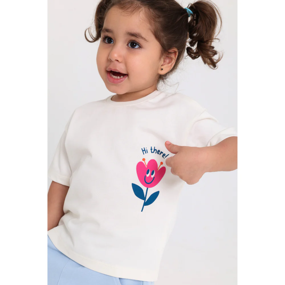 Baby Girls Cotton T-Shirt – Off-White with Flower Print - Image 3