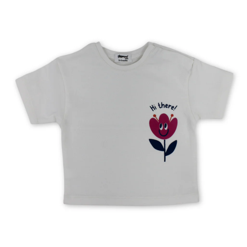 Baby Girls Cotton T-Shirt – Off-White with Flower Print - Image 4