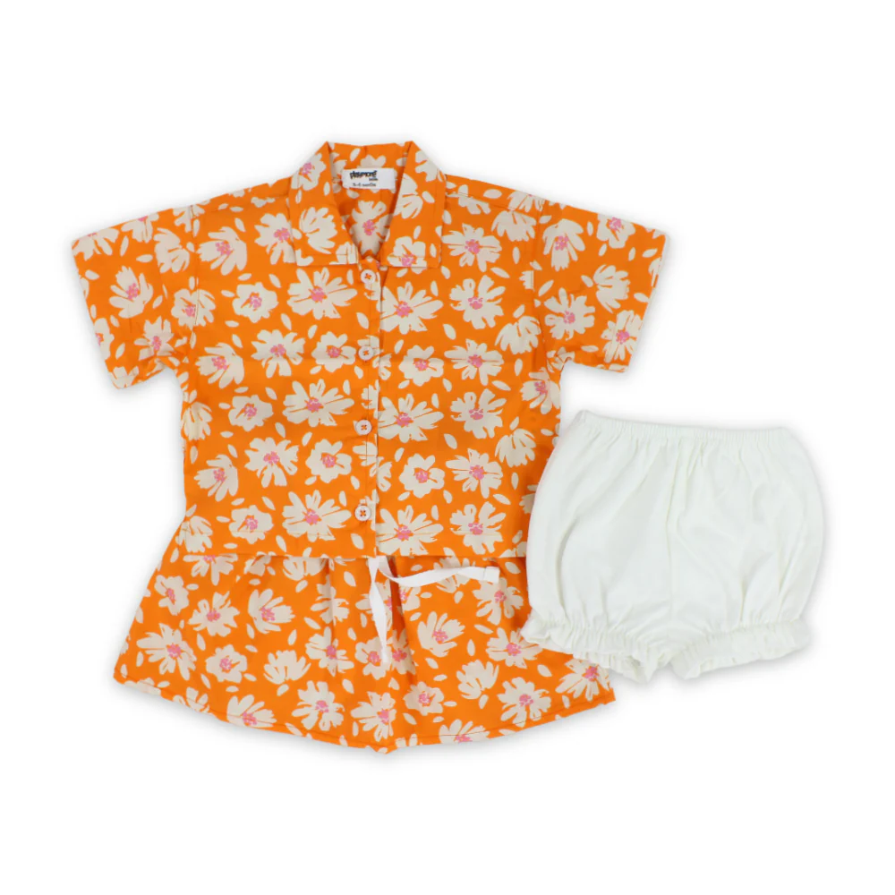 Baby Girls Cotton Outfit Set – Orange with Flowers Print - Image 4