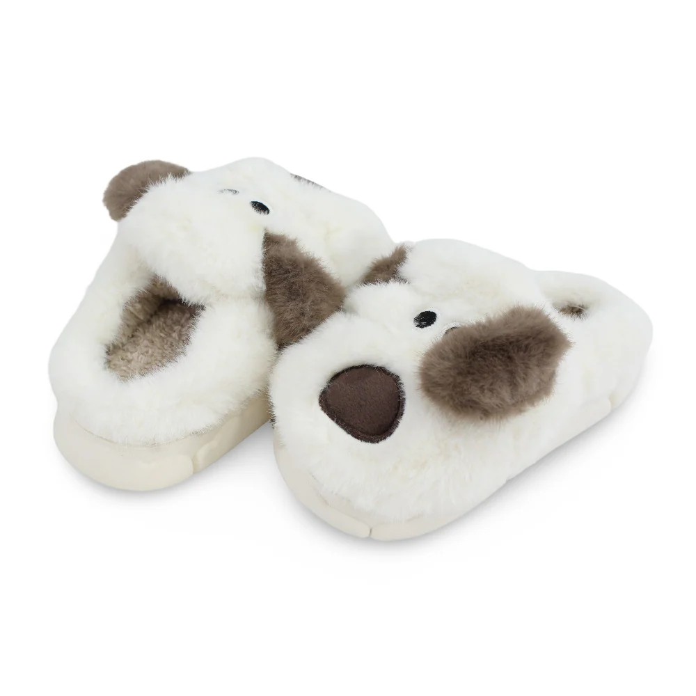 Unisex Fur Slippers - Off-white with Dog Design - Image 2