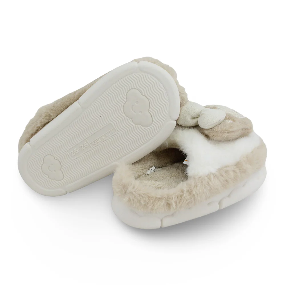 Girls Fur Slippers - Off-white with Cute Character Design - Image 3
