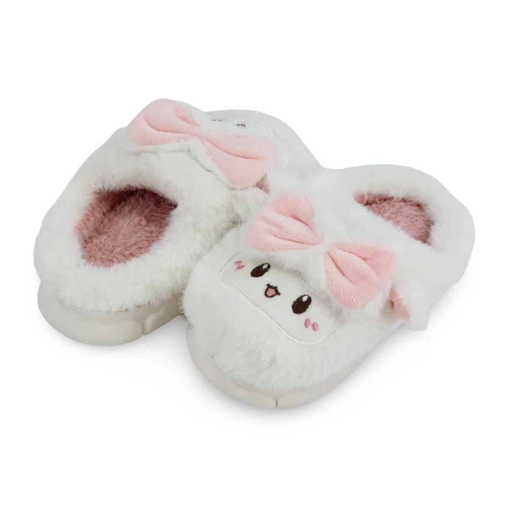 Girls Fur Slippers - Off-White with Bunny Face Design - Image 2