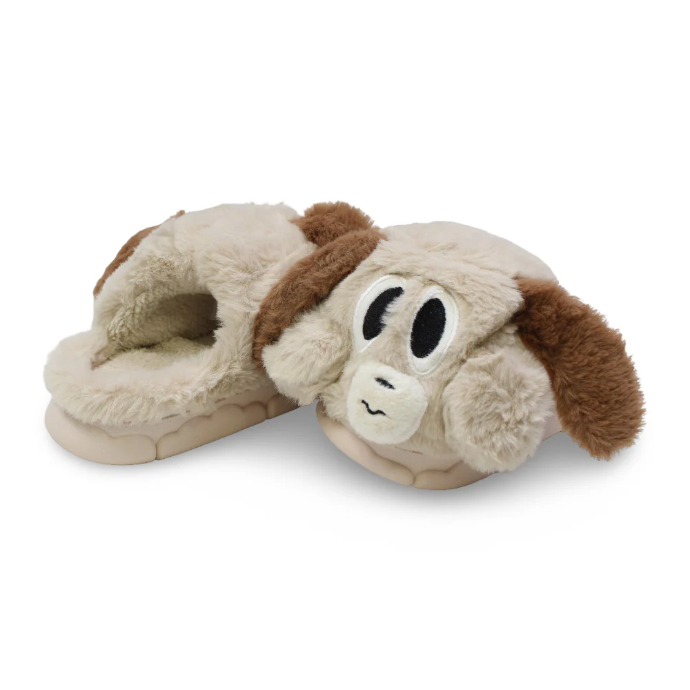 Unisex Fur Slippers – Beige with Dog Design - Image 2