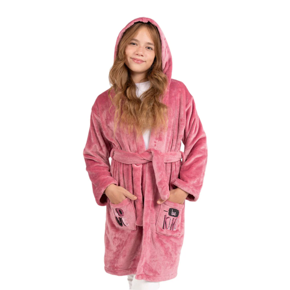 Girls Velvet Robe – Dustypink with "Love Be Kind" Design