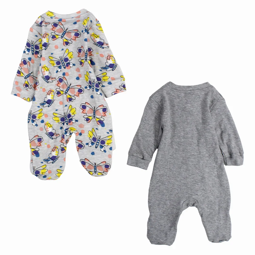 Baby Girls Cotton Baby Footie – Grey with Butterfly Print (2Pack) - Image 2