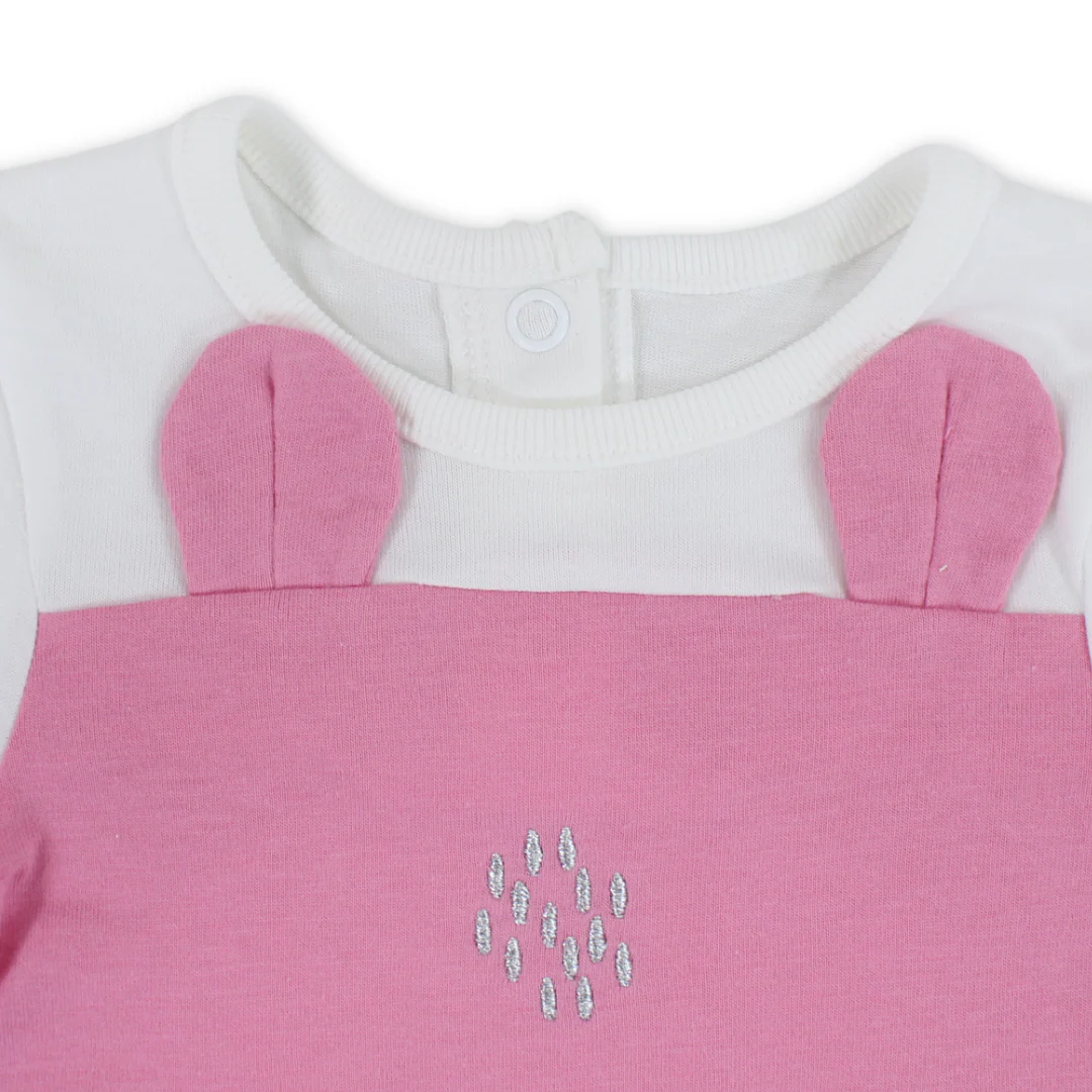 Baby Girls Cotton Romper – Pink & White with Cat Embroidery - Image 3