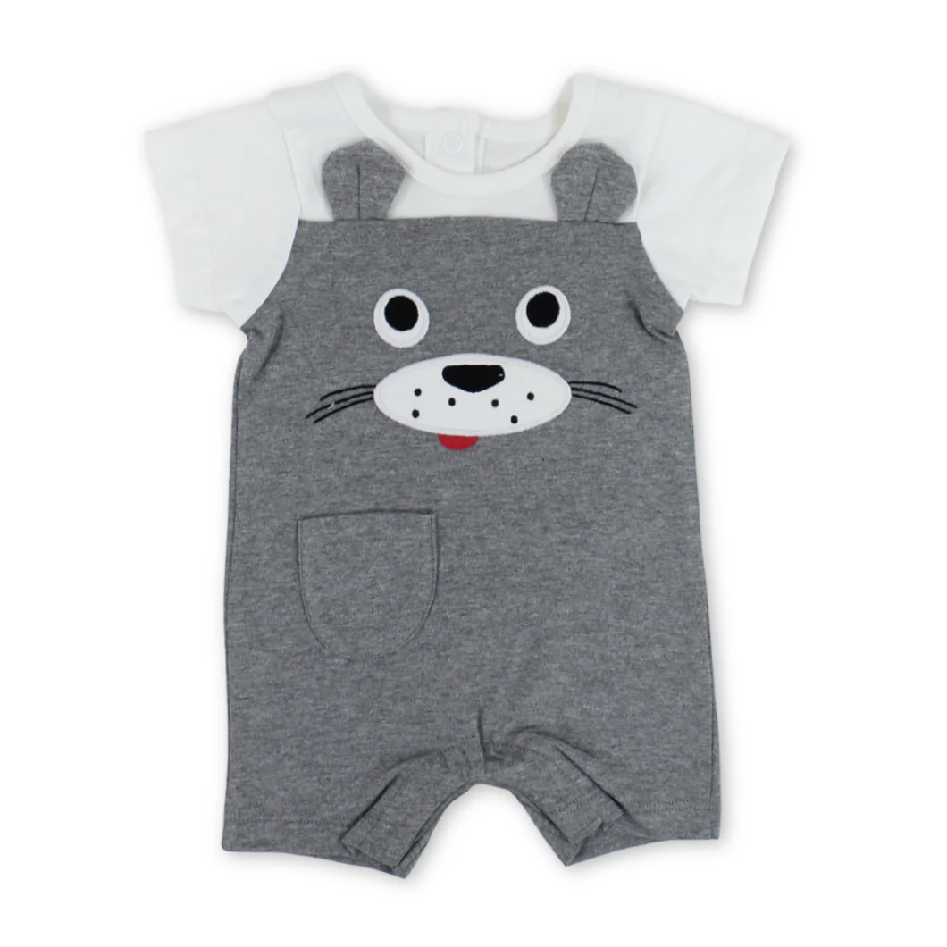 Baby Boys Cotton Romper – Grey & White with Dog Embroidery
