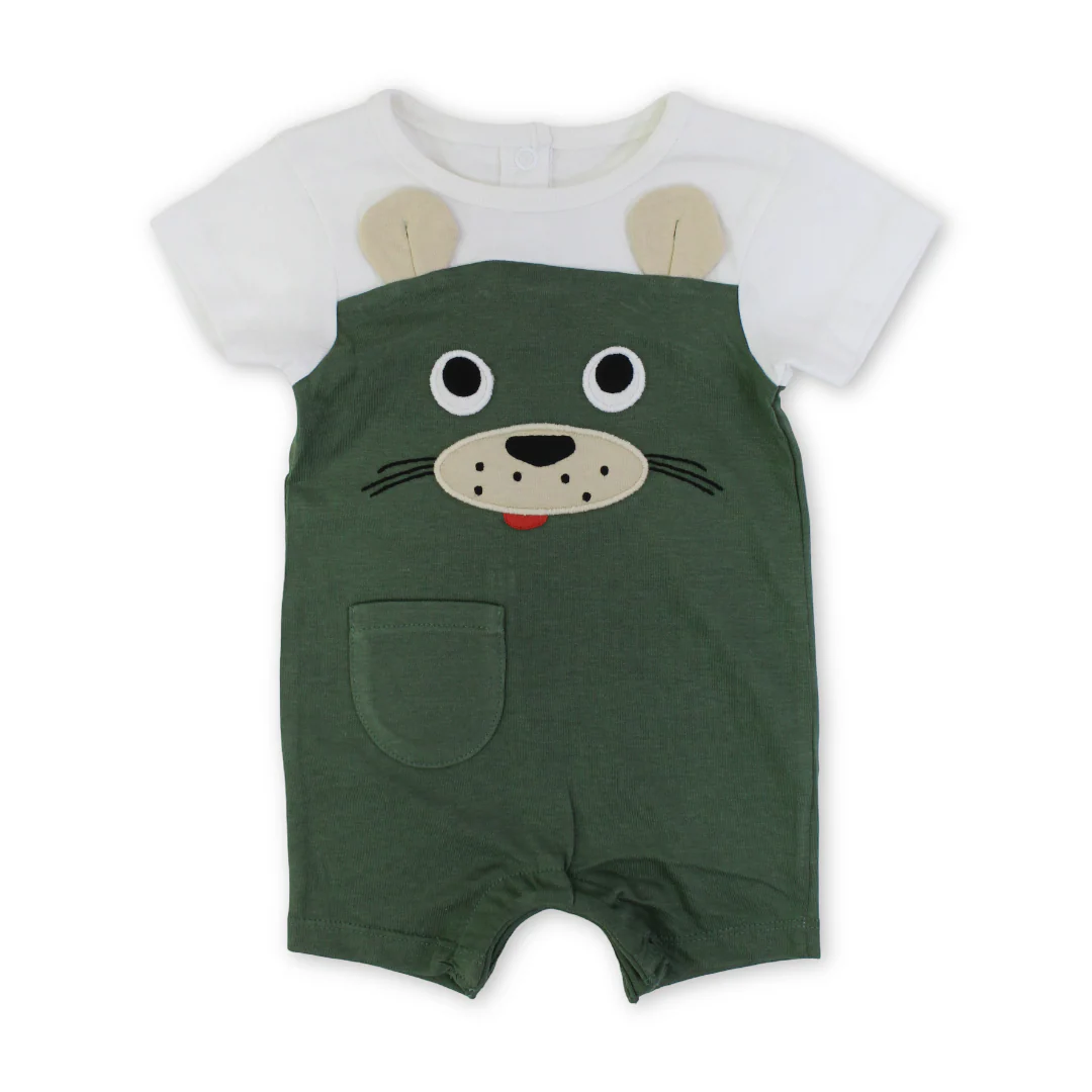 Baby Boys Cotton Romper – Olive & White with Dog Embroidery