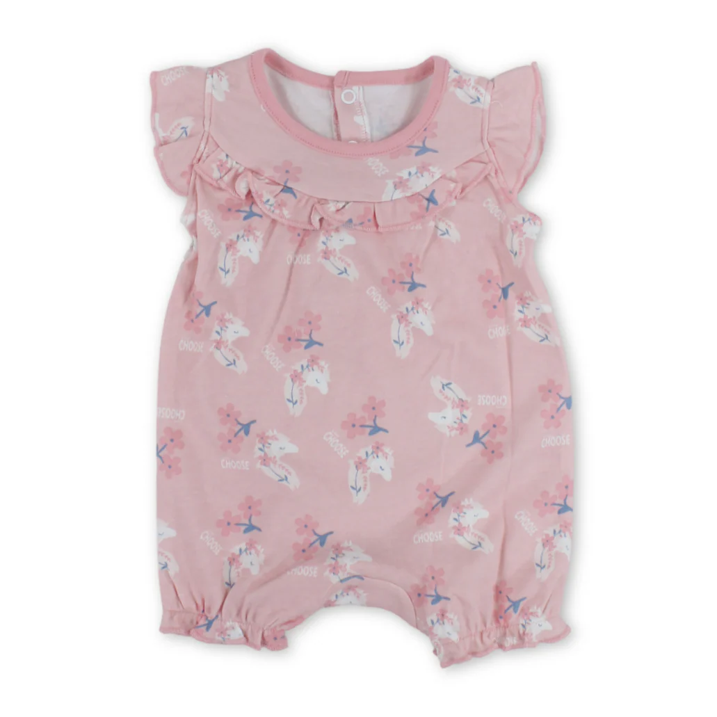 Baby Girls Cotton Romper – Salmon with Flowers Print