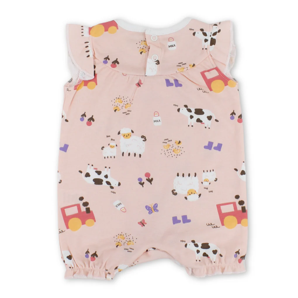 Baby Girls Cotton Romper – Pink with Farm Animals Print - Image 2