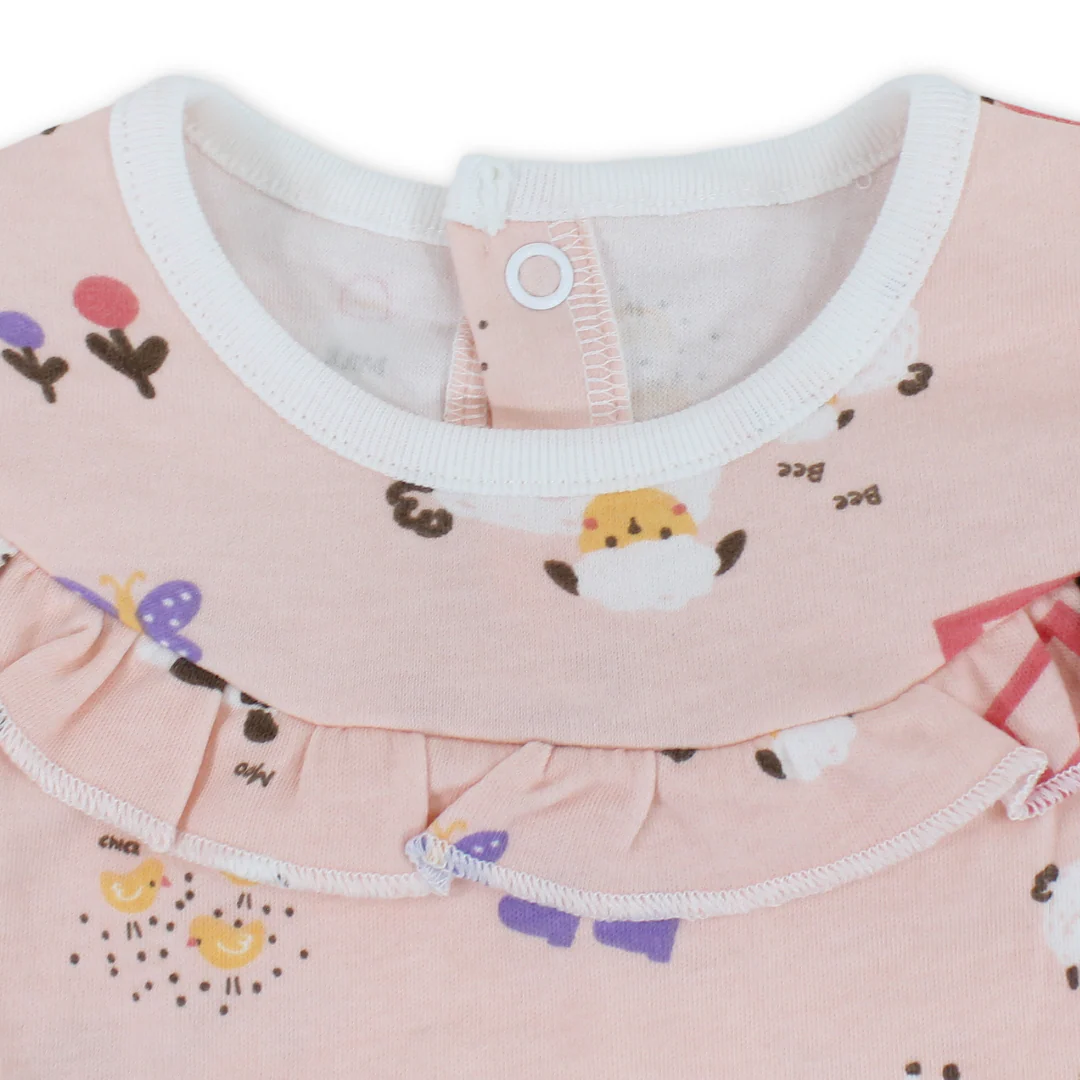 Baby Girls Cotton Romper – Pink with Farm Animals Print - Image 3