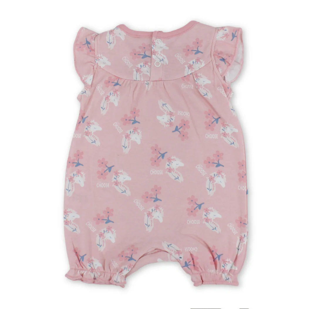 Baby Girls Cotton Romper – Salmon with Flowers Print - Image 2