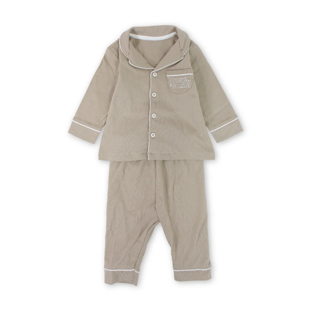 Baby Boys Cotton Pajama – Coffee with "Just Smile" Embroidery