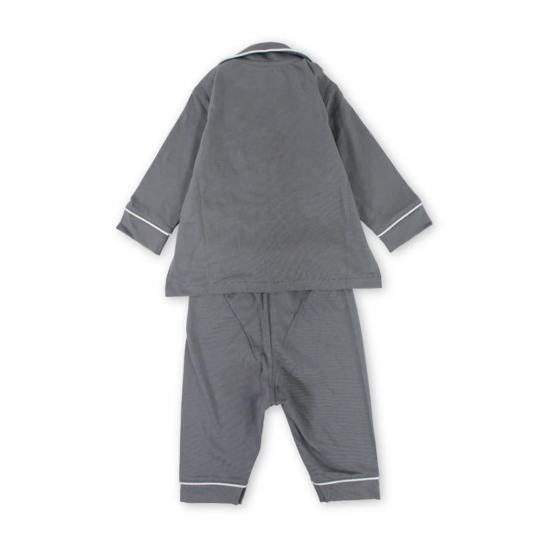 Baby Boys Cotton Pajama – Grey with "Just Smile" Embroidery - Image 2