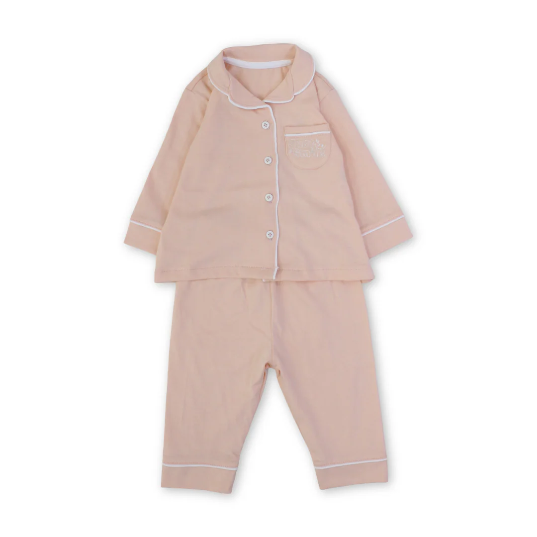 Baby Boys Cotton Pajama – Salmon with "Just Smile" Embroidery