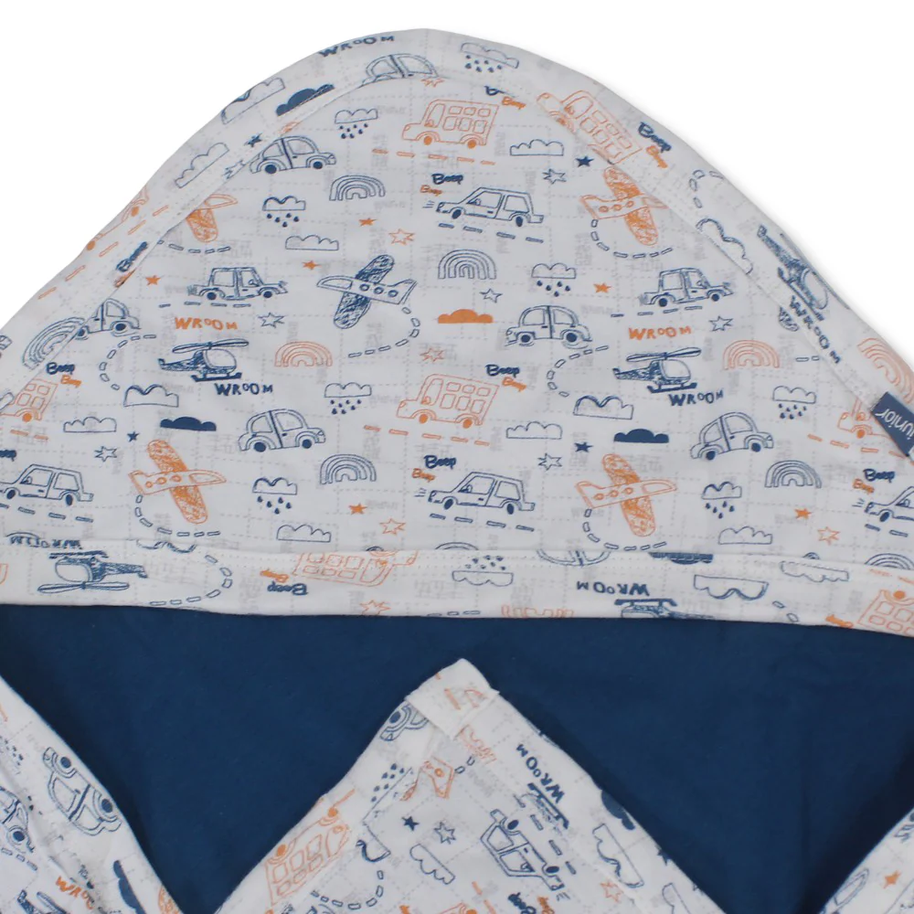 Cotton Baby Blanket – Off-White & Janzary with Cars Print - Image 3