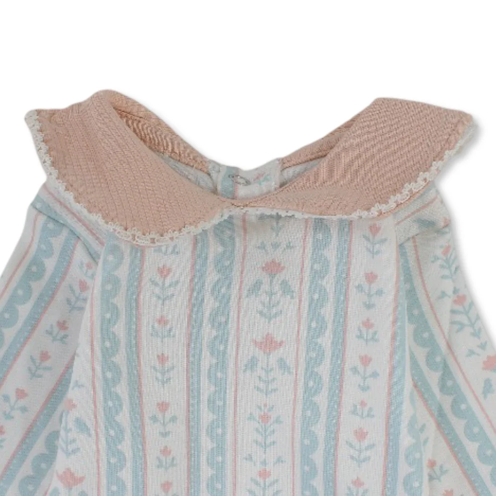 Baby Girls Cotton Baby Footie – Off-White with Striped Rose Print - Image 3