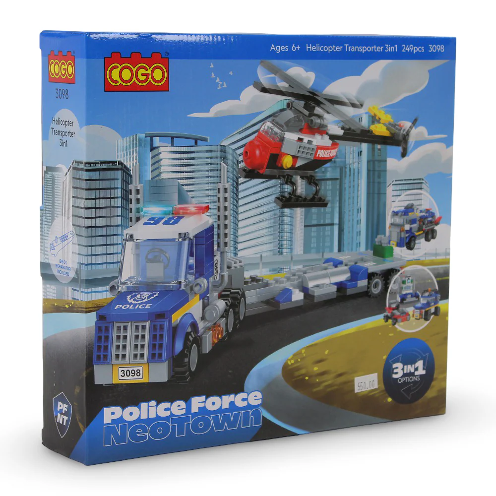 Cogo 3-in-1 Police Force Helicopter Transporter Building Blocks Set – 249 Pieces - Image 2