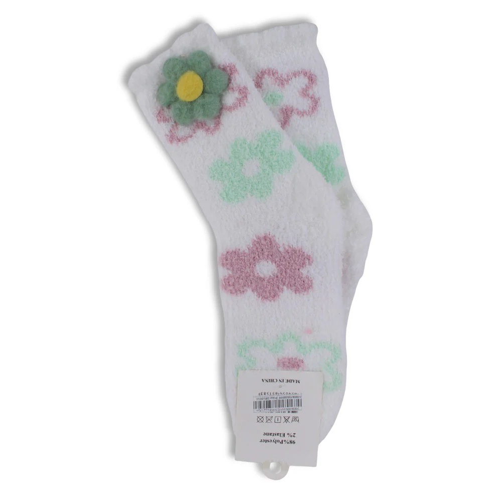 Girls Socks – White with Flowers Design - Image 2