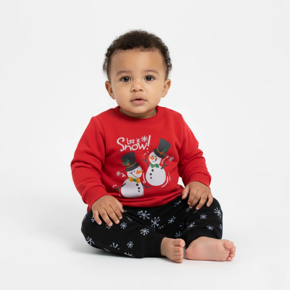 Baby Boys Cotton Pajama Set – Red with “Let It Snow!” Snowmen Print
