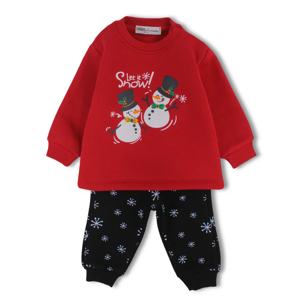 Baby Boys Cotton Pajama Set – Red with “Let It Snow!” Snowmen Print - Image 2