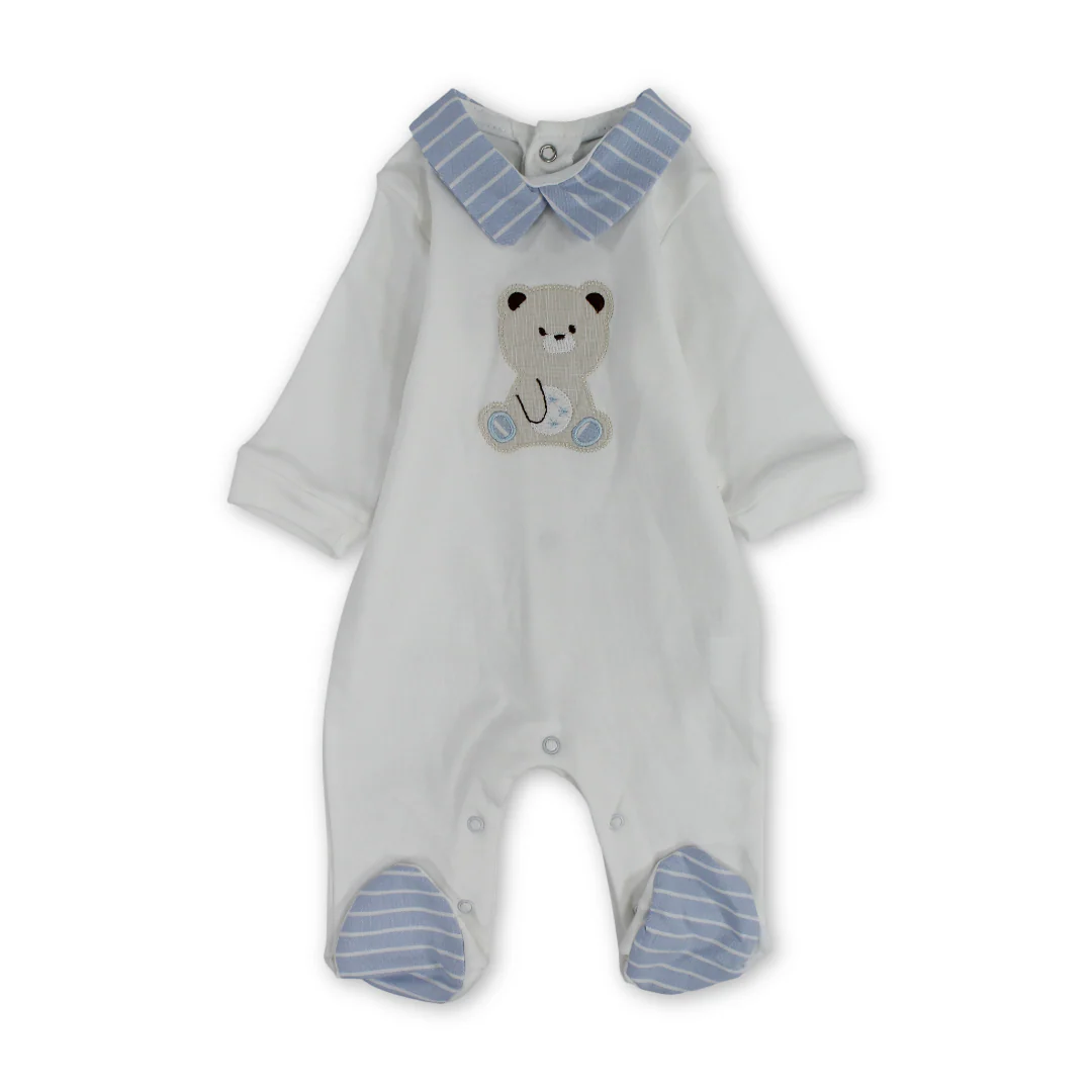 Baby Boys Cotton Baby Footie – Teddy Bear Embroidery